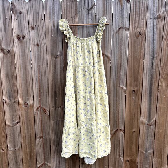 Anthropologie Moon River Tiered Ruched Midi Dress Yellow Floral Boho Medium - Picture 4 of 7